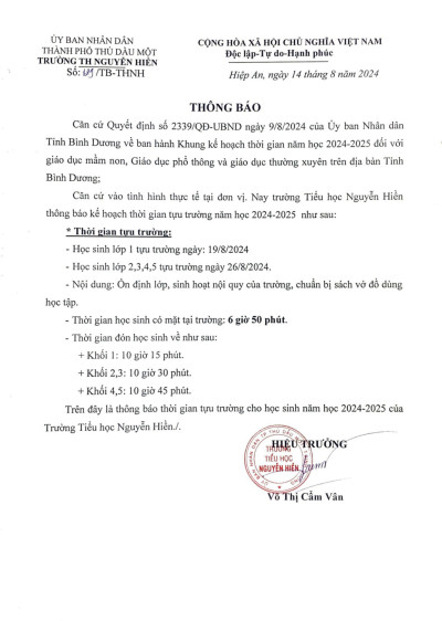 Thông báo tựu trường - Năm học: 2024-2025