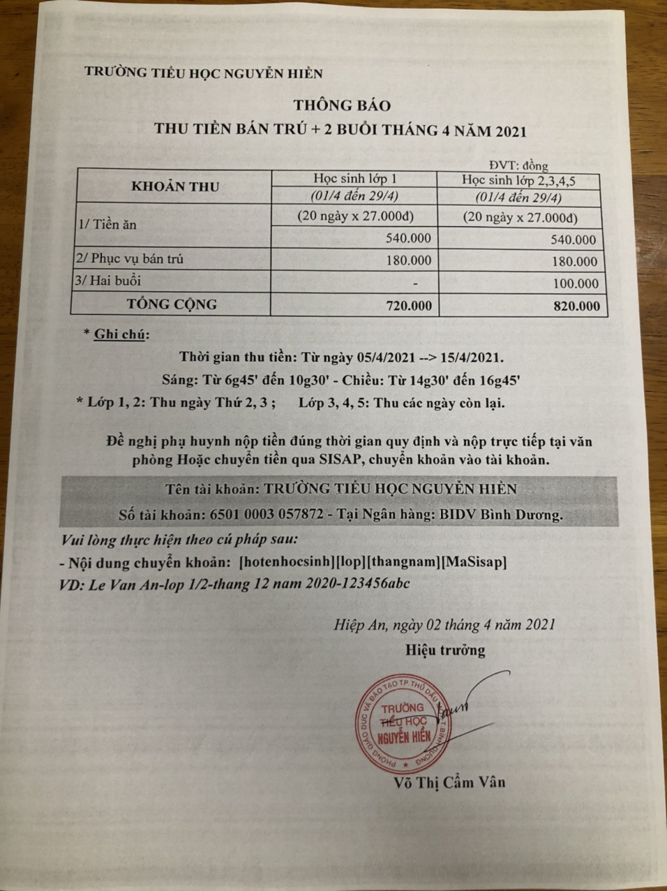 Thông báo thu tiền tháng 4 2021