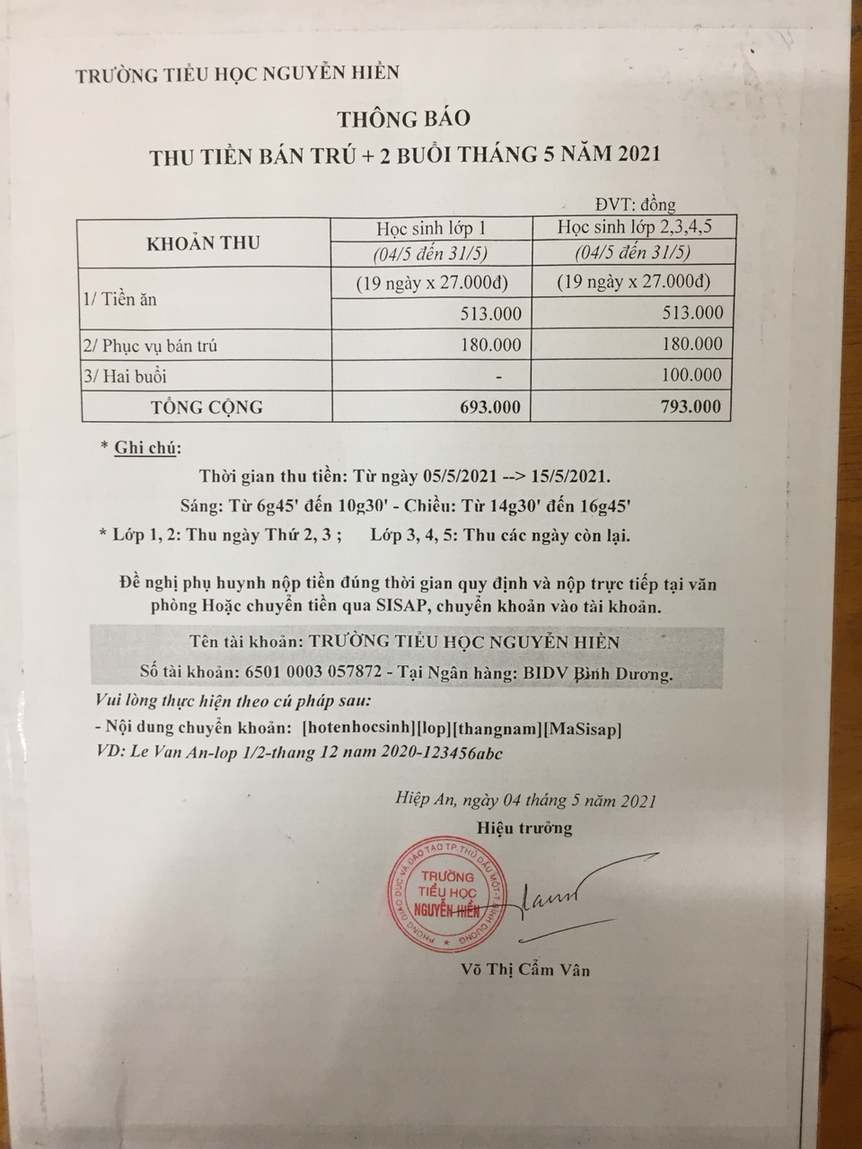 thông báo thu tiền tháng 5 2021